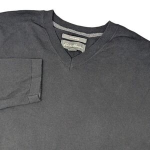 Eddie Bauer Mens TXL Black Cotton Merino Wool V-Neck Sweater Long Sleeve Knit